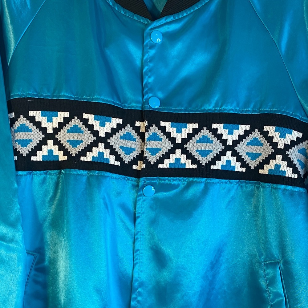 Teal Bomber Jacket With Geometric Pattern 80s-90s - image 3